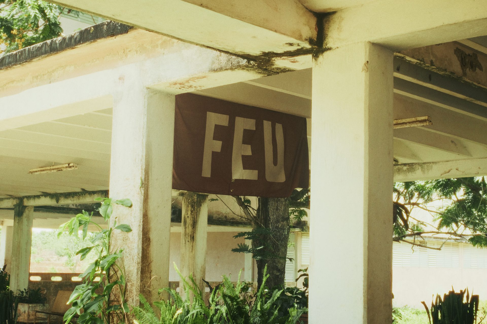 Bandera de la Federación de Estudiantes Universitarios (FEU) colgada en un área abierta de Ceiba 1.