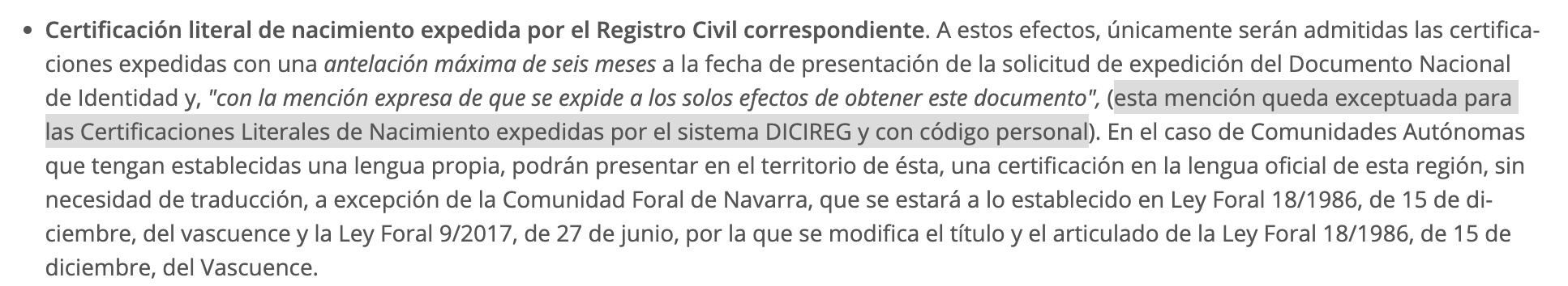 Requisitos para la validez de certificaciones literales de nacimiento para el DNI